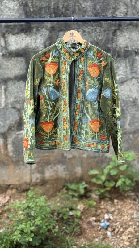 Womens Olive Green Velvet Embroidered Jacket with Floral Design